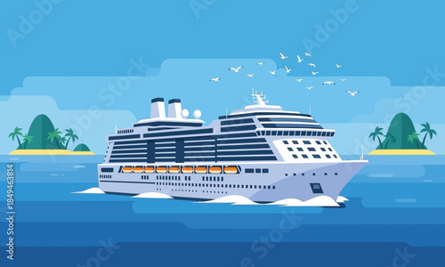 A large white cruise ship sailing on the ocean with tropical islands in the background