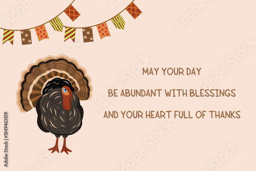 Thanksgiving card scene with a text. Hand drawn vector illustration. Turkey, pennants