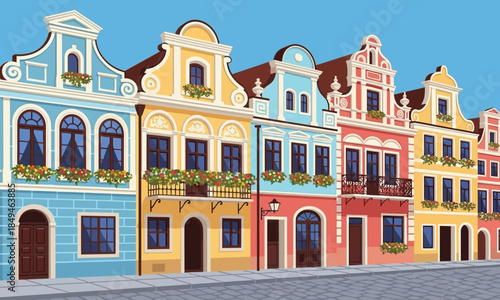 Colorful, Distinctive European Townhouses in a Row with Detailed Architecture and Flower Boxes