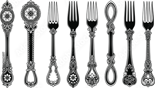 Vintage Ornate Forks Silhouettes Set, Featuring Antique Dining Cutlery with Highly Detailed Victorian and Baroque Handles, Vector Illustration Pack