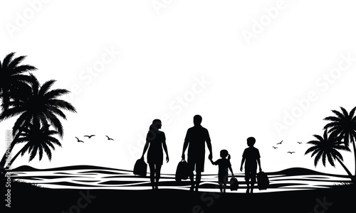 Silhouetted family on beach vacation with palm trees, luggage, and ocean waves under a sky with birds