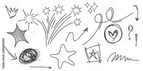 Hand drawn collection of design element. Doodle emphasis, swirl, arrow, heart, love, crown, flower, star, firework, highlight text and emphasis element. use for concept design