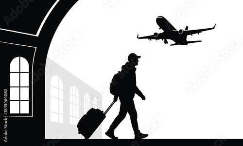 Silhouette of a traveler with luggage walking towards an airport terminal as a plane flies overhead