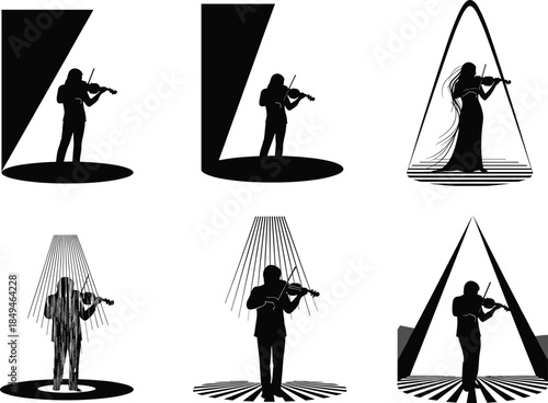 Violinist silhouette vector collection, musician playing violin on stage, abstract art design, classical music performance, elegant concert illustration, minimal modern composition