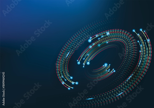 Abstract Swirling Color Dots and Lines on Deep Blue Background showcasing a dynamic swirling vortex made of numerous small, glowing dots and short lines in red, yellow, and cyan colors