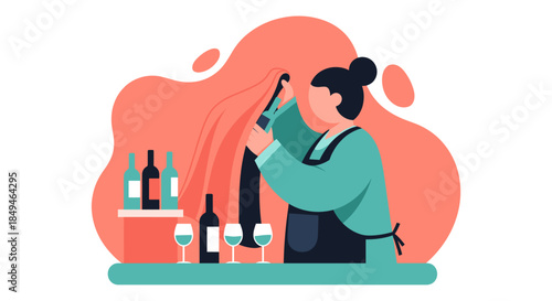 Female Bartender Mixing Cocktail with Bottles.