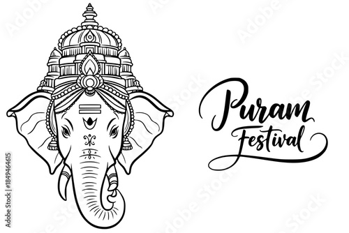 Black and white illustration of ganesha head with ornate crown and puram festival text