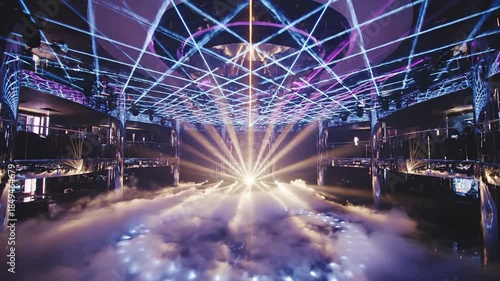 Futuristic Nightclub Interior with Vibrant Light Beams, Haze, and Reflections