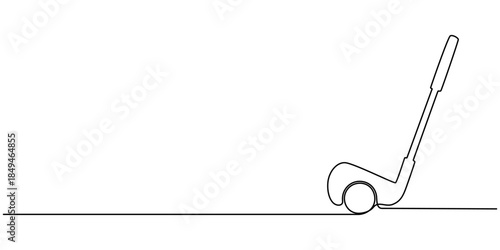 Golf stick and ball in a continuous line drawing style. Symbol of outdoor sports, leisure, and golfing activities.