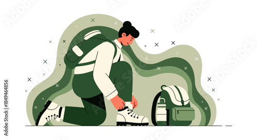 Hiker Tying Shoelaces with Backpack.