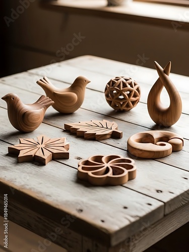 Handcrafted wooden ornaments arranged beautifully on rustic table top