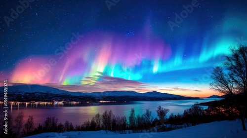 Wallpaper Mural Vibrant aurora streaks across a starry night over a frozen lake, snow-blanketed shore, distant hills. Evening Torontodigital.ca