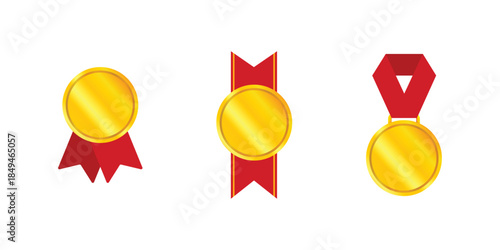 Different golden medals. Trophy with red ribbon isolated on white background