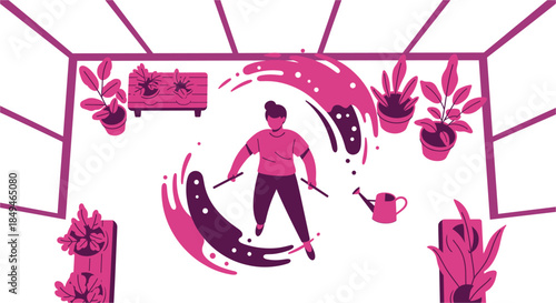 Illustration of a man dancing freely indoors.