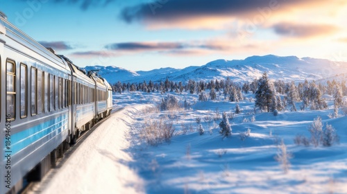 A blue passenger train winds through a snow covered valley under a bright blue sky with distant snowy mountains