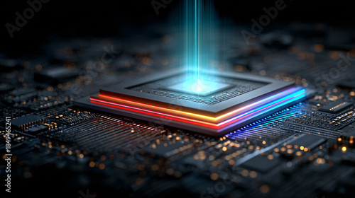Futuristic central processing unit glowing with vibrant energy beams on a dark complex printed circuit board background.