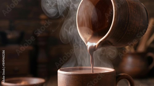 Warm rich chocolate beverage being poured from a ceramic pitcher into a rustic mug. Steam rises creating a cozy, inviting atmosphere