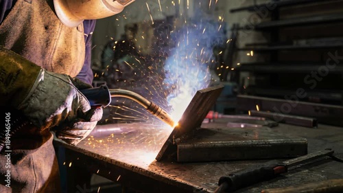 A welder in protective gear works on metal in a workshop, creating bright sparks under warm lighting. Focus on the skilled craftsmanship