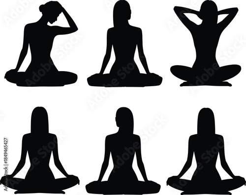 Silhouettes of women meditating in lotus pose demonstrating various hand positions