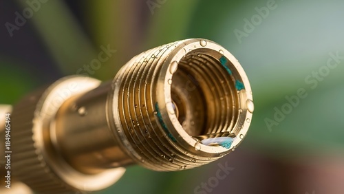 Macro image showcasing a brass garden hose fitting with water droplets