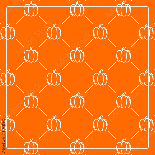 Seamless pattern on an orange background with pumpkin icons. Line design for posters, social media, and banner templates.