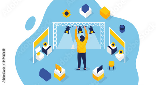 Man Assembling 3D Model with Icons.