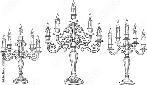 Wax candles, Burning flame, Table centerpiece, Ornate design, Old fashioned, Decorative item, Classic style, Vector illustration, Drawing art, Black white, Metal stand, 