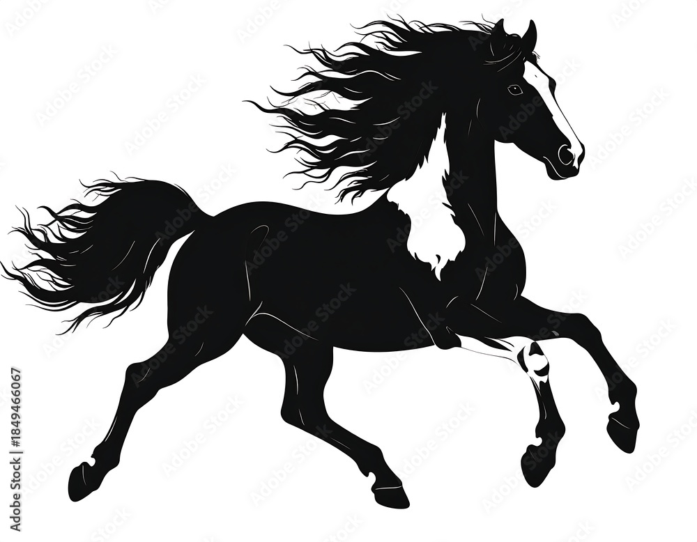 Obraz premium Black horse silhouette with white markings galloping powerfully
