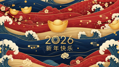 Vibrant 2026 new year greeting card with gold ingots on red and blue waves