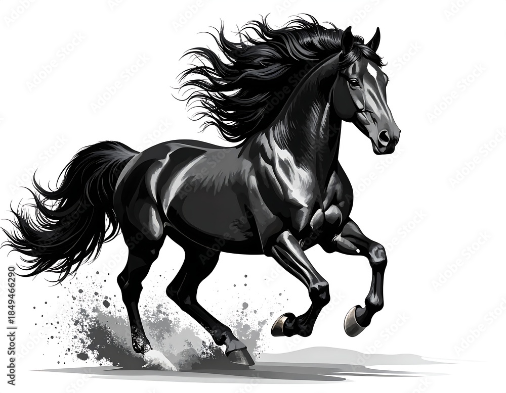Obraz premium Black horse, running freely across white background, with mane flowing