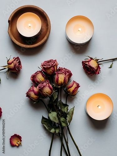 Romantic flat lay featuring dried roses and illuminated votive candles