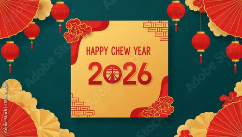 Vibrant 2026 happy chinese new year greeting card with red lanterns and fans on dark green
