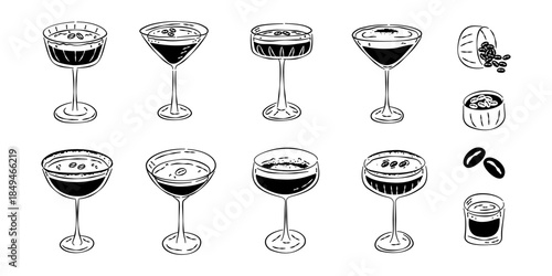 A set of hand-drawn black and white illustrations featuring various styles of the Espresso Martini cocktail in different glasses with coffee bean garnish.
