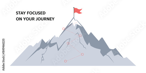 Journey concept vector illustration, mountain with path and flag at the top, symbolizing route to peak, business planning, goal achievement, strategic success, and personal or professional growth