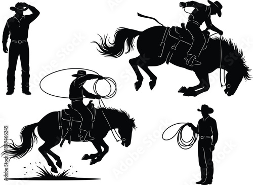 Western cowboy silhouette vector set, rodeo horse rider, man holding lasso, bucking bronco action, ranch life design elements, wild west illustration isolated