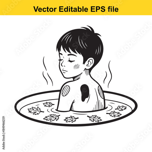  vector illustration of a boy in a herbal bath with leaves floating on water surface