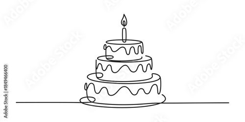 A single line drawing of a three-tiered birthday cake with a lit candle Vector, illustration