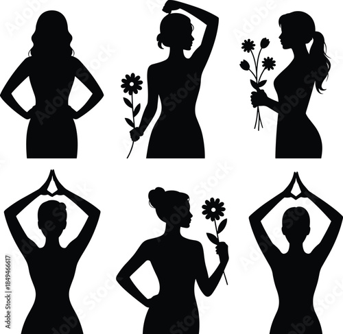 Six silhouettes of women posing with flowers and in yoga stances