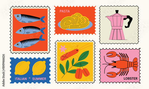 Colorful Collection of Graphic Postage Stamps Celebrating Italian Summer Vacation, Mediterranean Cuisine, Seafood, and Moka Pot Coffee