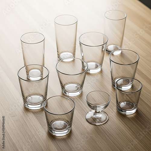 Variety of empty glassware assortment on a warm toned wooden surface