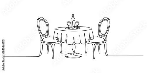 A romantic dinner setting with two chairs and a table with wine Vector, illustration