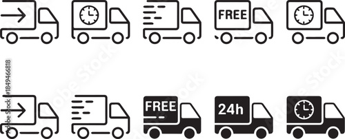   
Delivery Truck Icon Set – 12 Stylized Symbols for Free Shipping, Express Delivery, and 24h Logistics