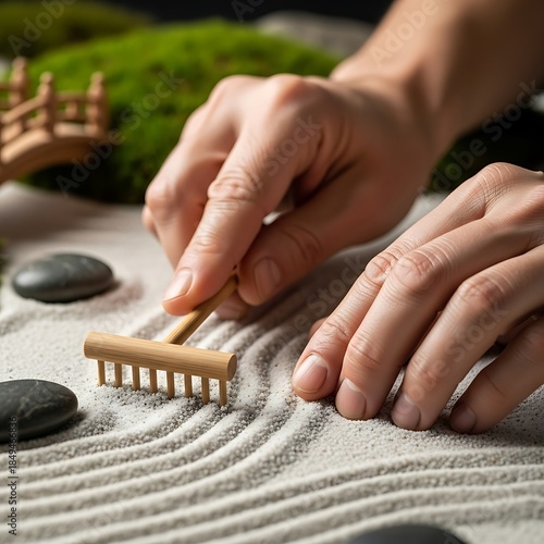 Zen garden tending, hand raking sand into tranquil patterns with mini rake