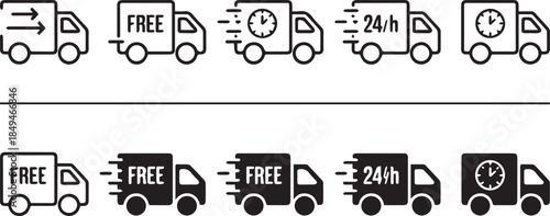   
Delivery Truck Icon Set – 12 Stylized Symbols for Free Shipping, Express Delivery, and 24h Logistics