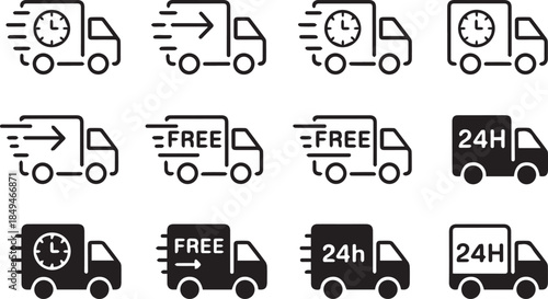   
Delivery Truck Icon Set – 12 Stylized Symbols for Free Shipping, Express Delivery, and 24h Logistics