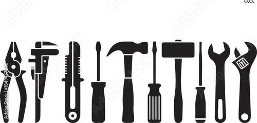 Hand Tool Silhouette Set – Pliers, Wrenches, Screwdrivers, Hammer, Mallet, Spanner for Mechanical and Repair Design