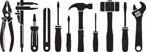 Hand Tool Silhouette Set – Pliers, Wrenches, Screwdrivers, Hammer, Mallet, Spanner for Mechanical and Repair Design