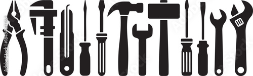 Hand Tool Silhouette Set – Pliers, Wrenches, Screwdrivers, Hammer, Mallet, Spanner for Mechanical and Repair Design