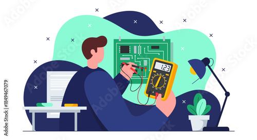 Man Holding Tablet with Circuit Board Display.