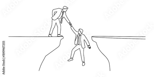 Businessman extending a helping hand to his colleague across a chasm, illustrating teamwork and support Vector, illustration